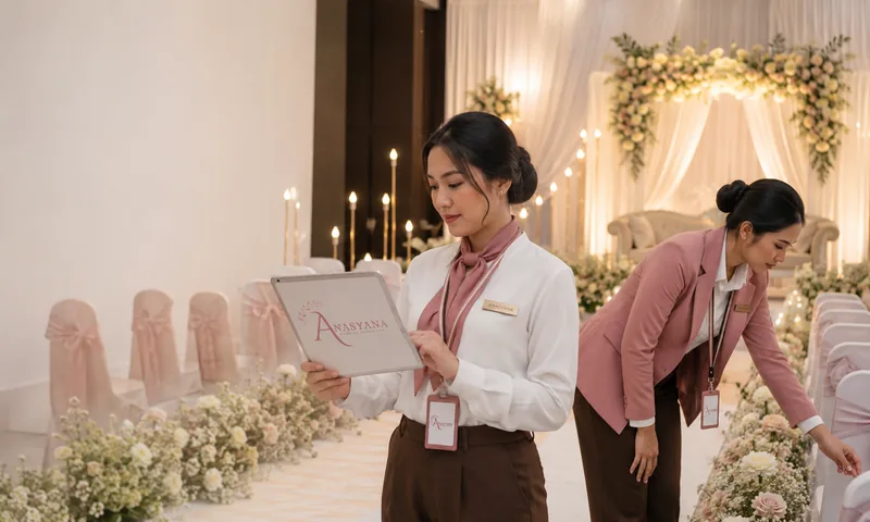 Dekorasi pernikahan elegan dengan bunga dan meja resepsi