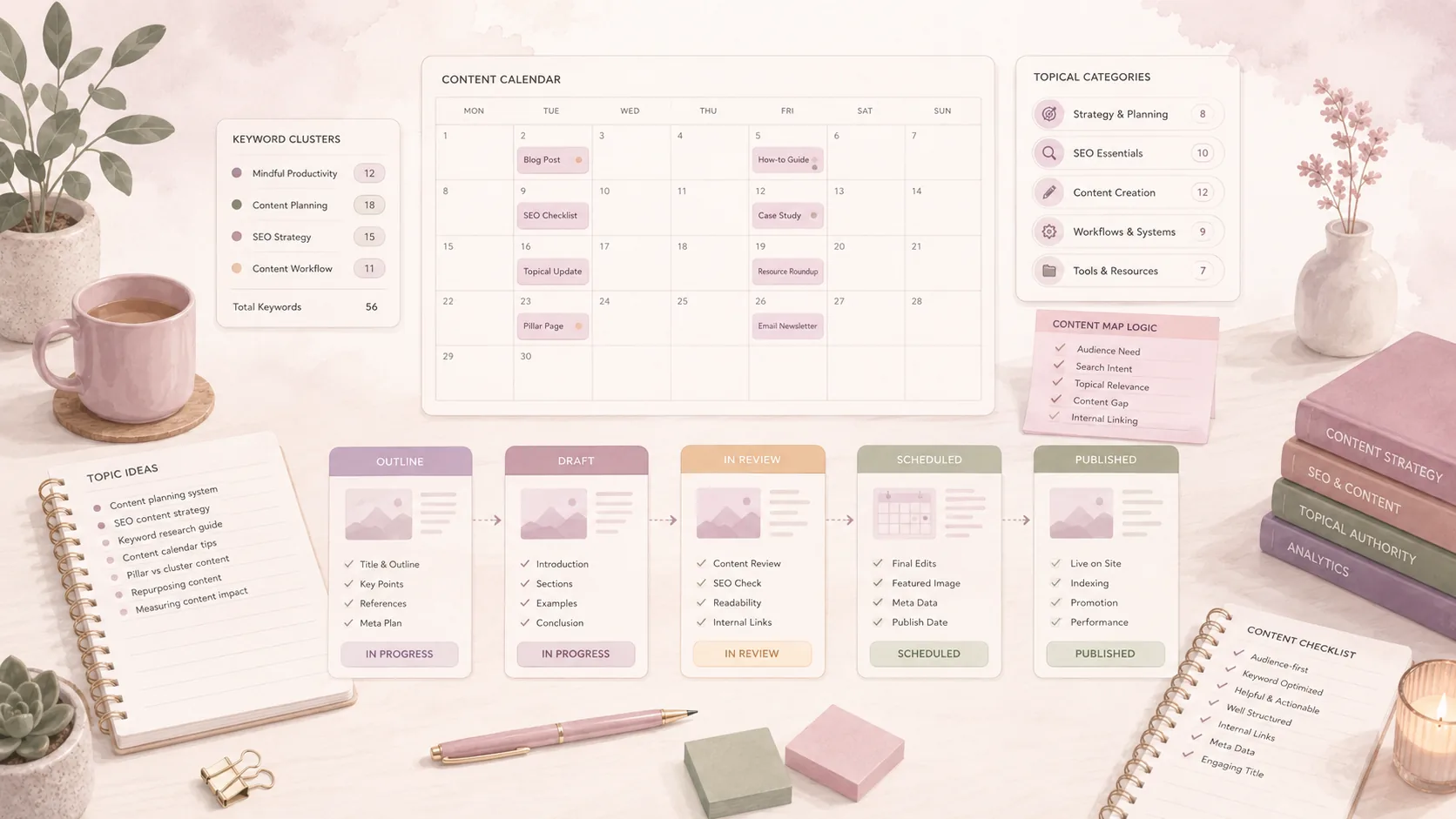 Ilustrasi content planning, keyword cluster, content calendar, dan content organization