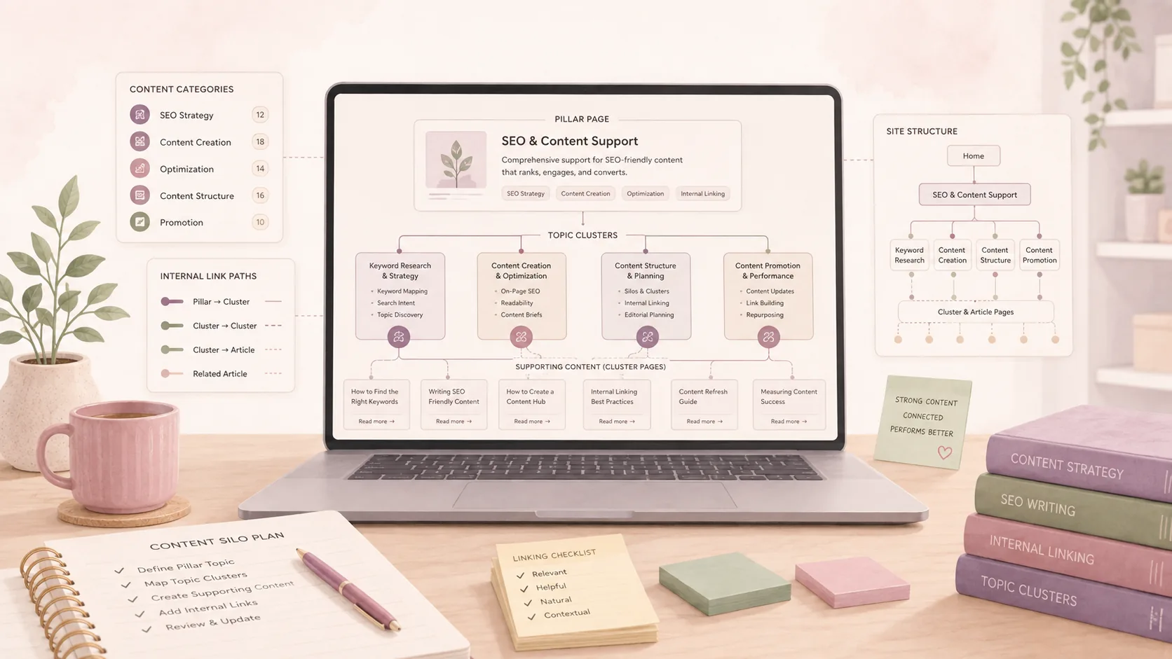 Ilustrasi pillar page, topic cluster, content structure, dan internal linking