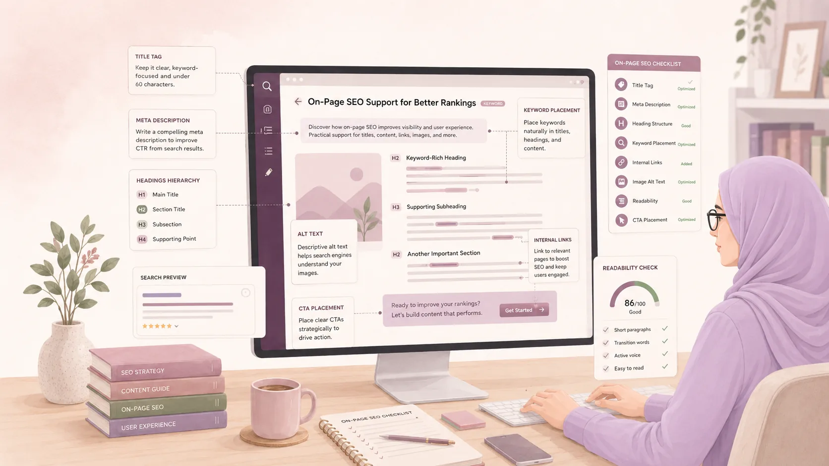 Ilustrasi on-page SEO support dengan title tag, meta description, heading, internal link, alt text, dan readability