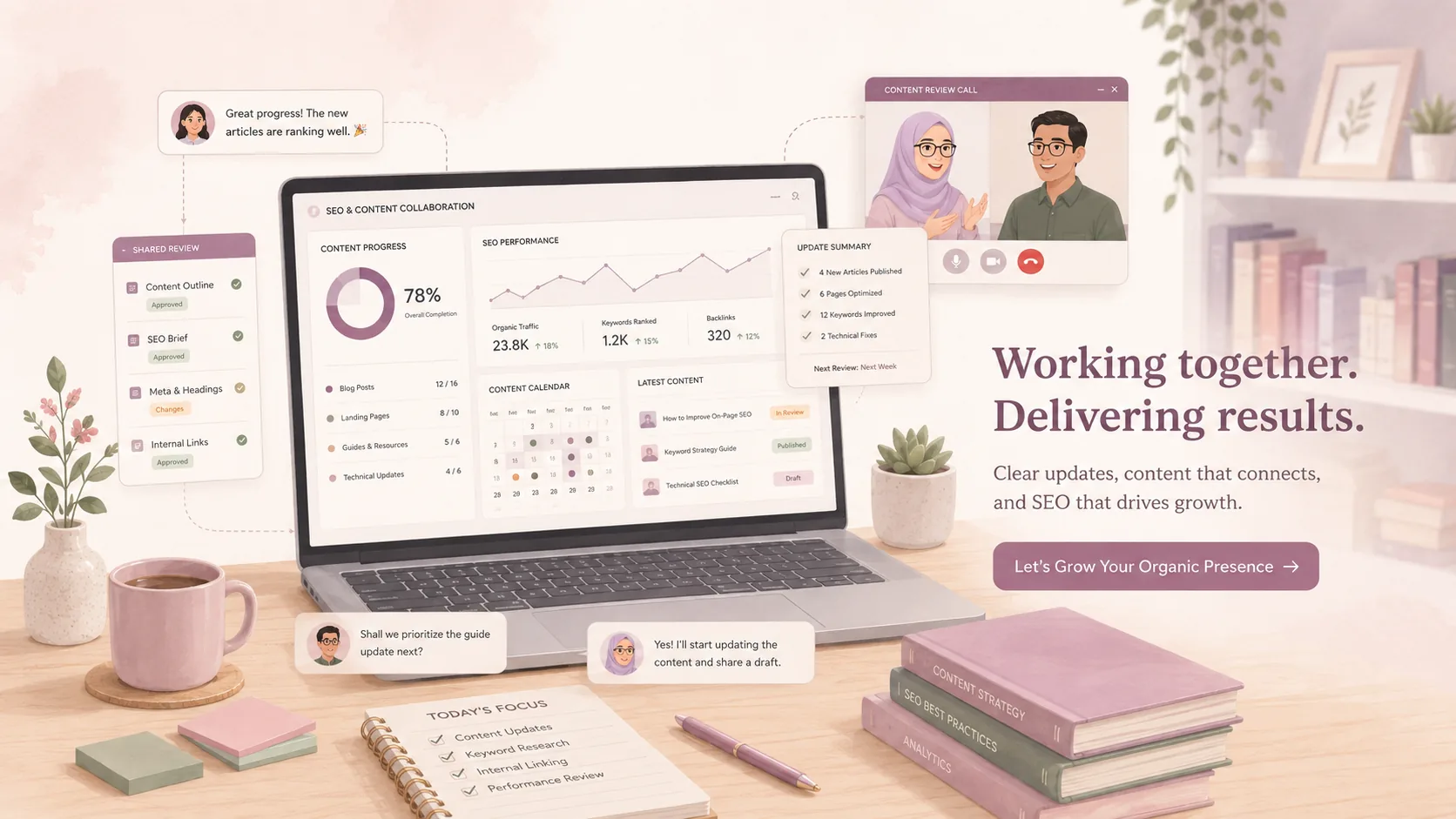 Ilustrasi remote SEO dan content collaboration dengan dashboard, progress, dan review