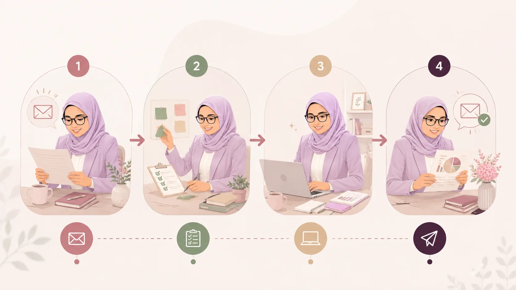 Ilustrasi empat tahap cara kerja Virtual Assistant Anasyana