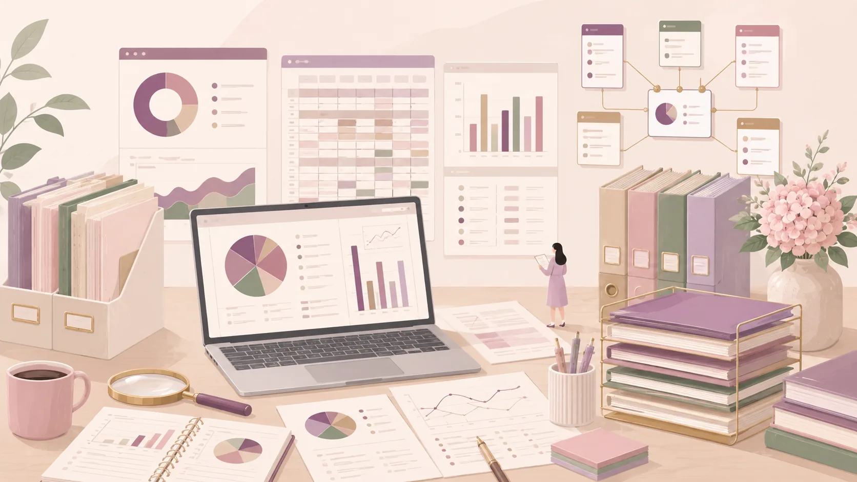 Ilustrasi research, grafik, spreadsheet, dan data organization Anasyana