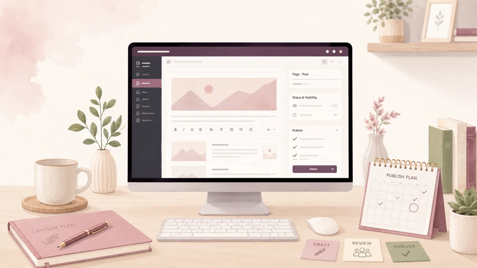 Ilustrasi content publishing dan page management WordPress Support Anasyana