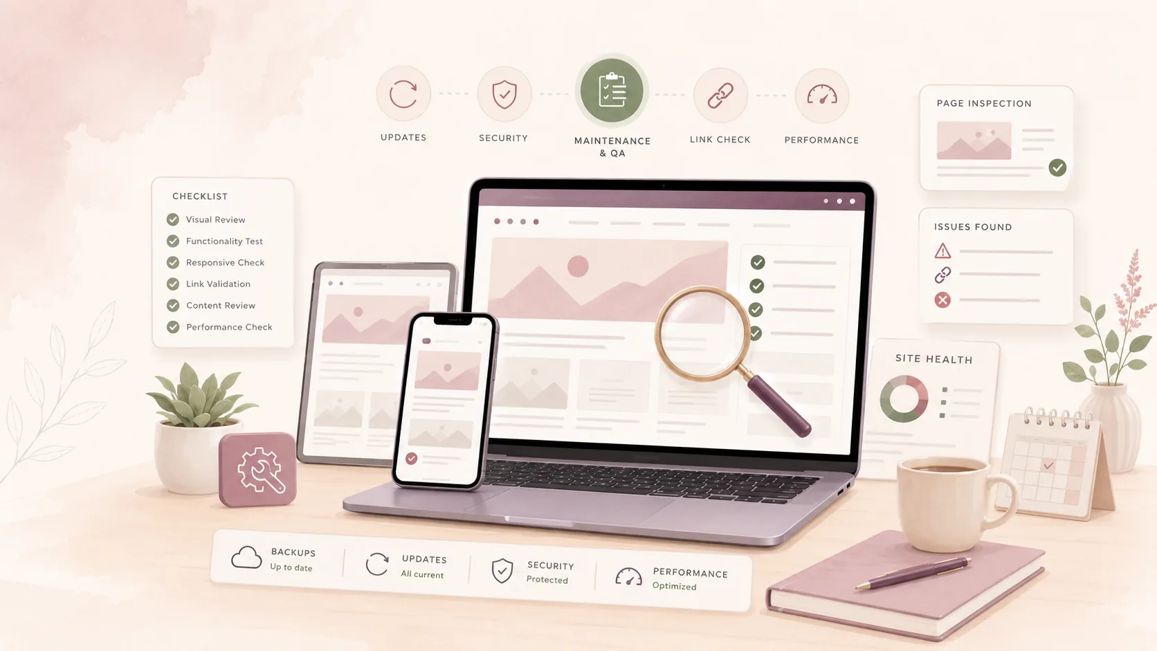 Ilustrasi maintenance dan quality assurance website WordPress