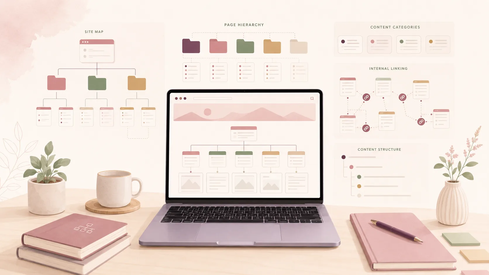Ilustrasi sitemap, page hierarchy, dan content organization WordPress